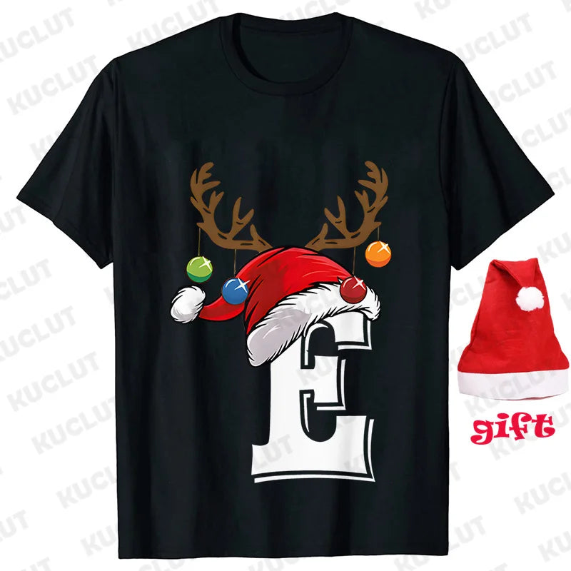Funny Christmas Party Tshirt Fashion Women T Shirt Tops Short Sleeves T-shirt 26 A~Z Alphabet Casual Tees with Santa Hat Gift