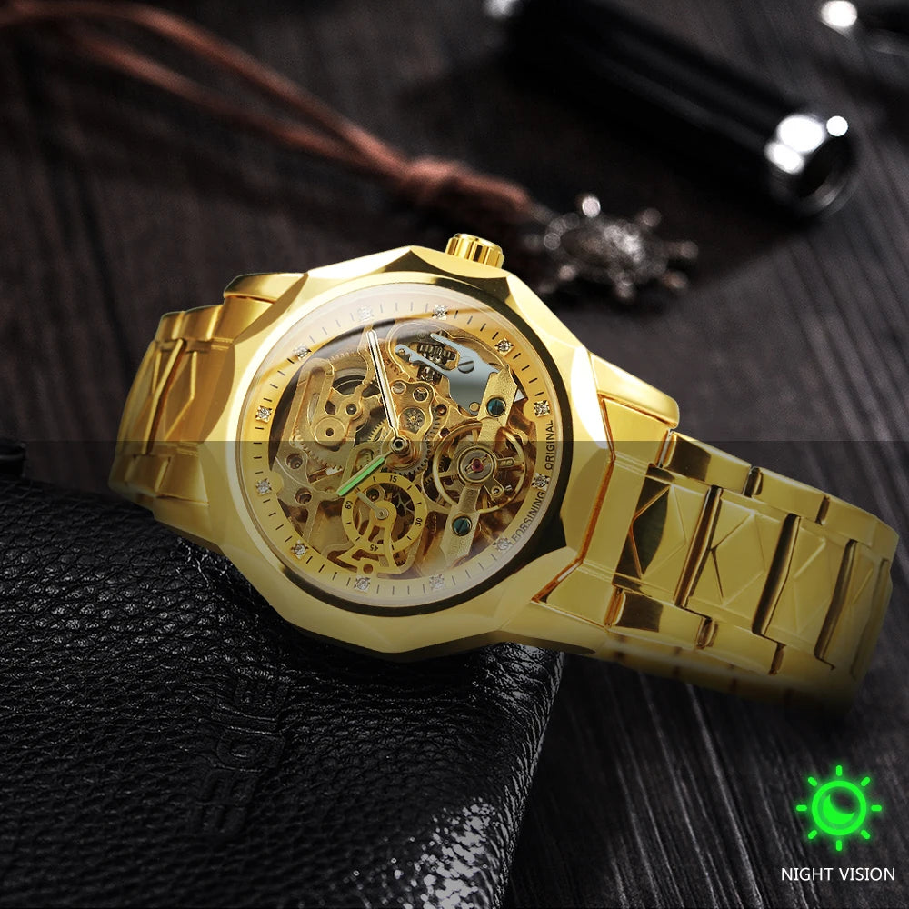 Forsining Fashion Tourbillon Skeleton Automatic Mechanical Watch for Men Luminous Hands Iced Out Watches Stainless Steel Strap