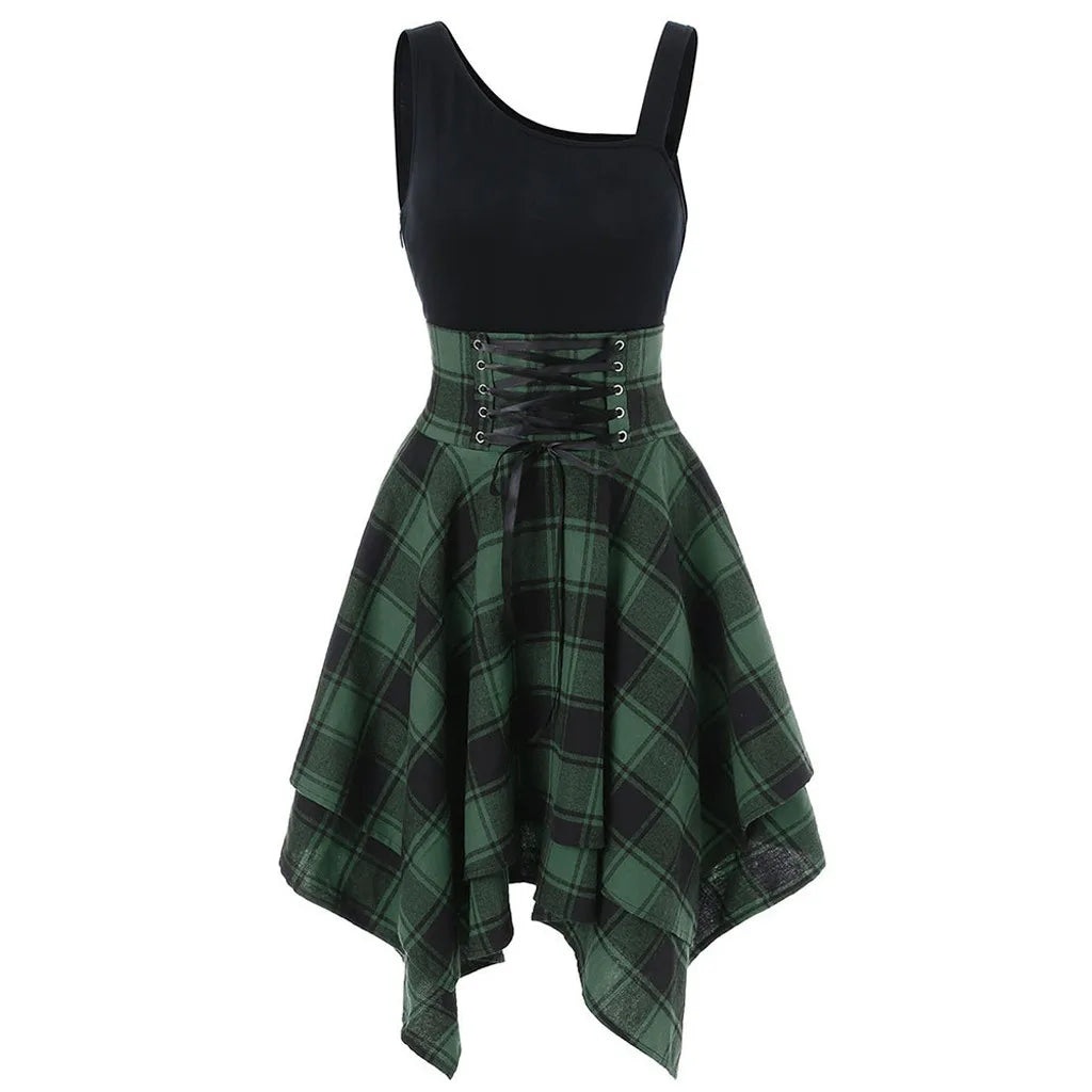 Elegant Classy Dresses For Women 2024 Sleeveless Cold Shoulder Cross Lace Up Plaid Print Irregular A-Line Dresses