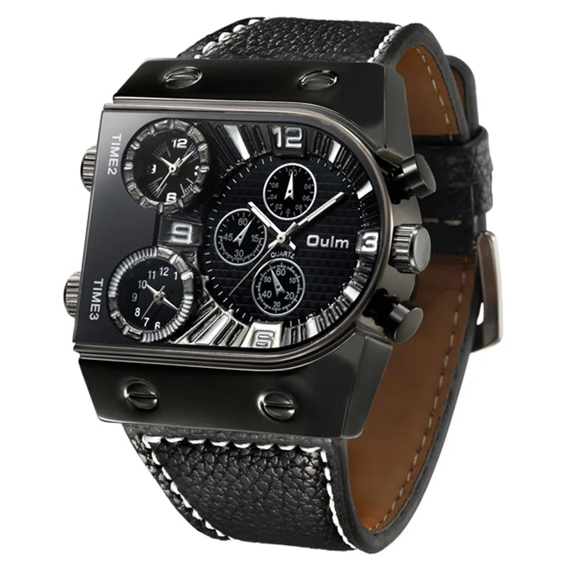Oulm Top Men's Watches Mens Quartz Casual Leather Strap Wristwatch Sports Man Multi-Time Zone Military Male Watch Clock Relogios