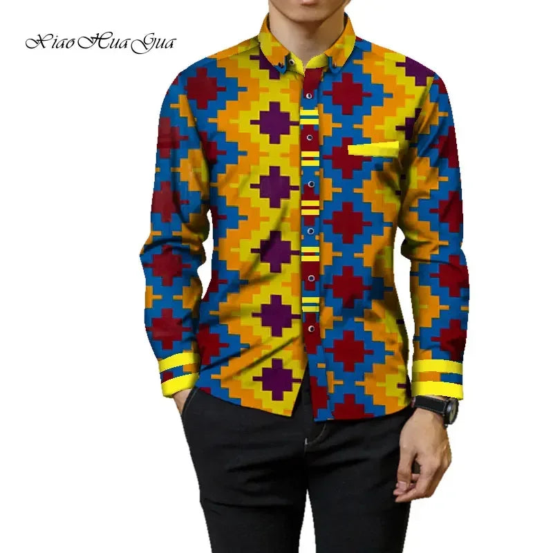 Fashion Mens Africa Festive Clothing Ankara Clothes African Print Tops Long Sleeve print Cotton patchwork T-shirt wyn905