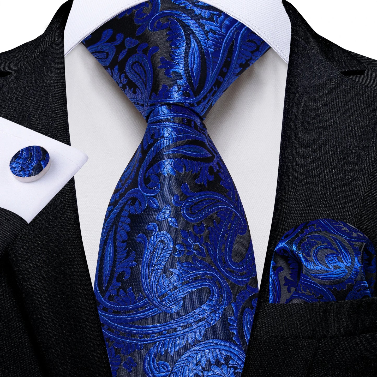 Royal Blue Paisley Plaid Striped Men tie Set with Handkerchief Cufflinks Wedding Prom Groom Accessories Perfect Gift for Men BAZAARHUBO