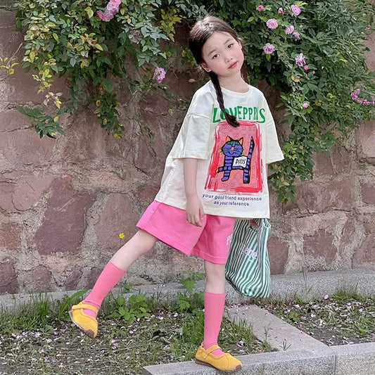 2026 New Children's casual Set Summer fashion girls' internet-famous sporty short-sleeved pants summer wear 4-14Years old girls
