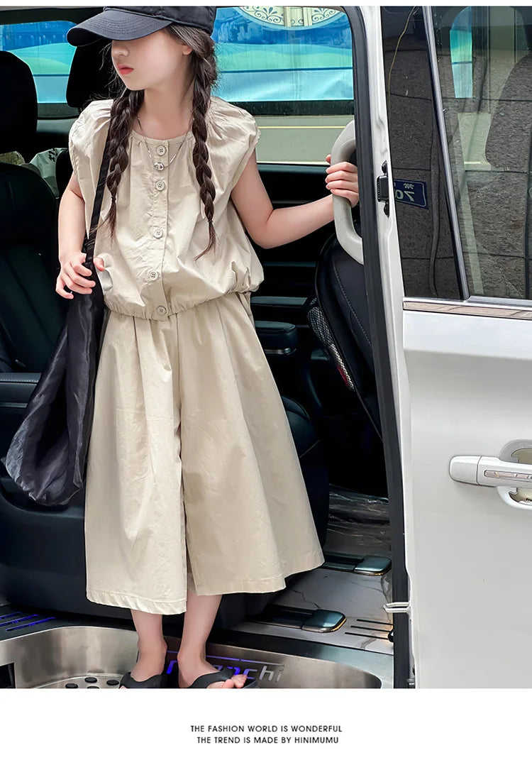 2025 Girls Summer Casual Outfit Big Kids Short Sleeve Top Capris Pants Two Piece Set Matching Big Kids Fashion Suit Holiday Wear