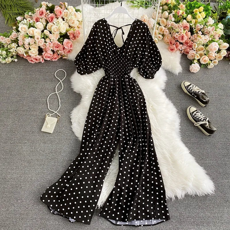 V Neck Sexy Dolman Sleeves Waist Slim Floral Print Jumpsuit Women Wide Leg Trousers Jumpsuit