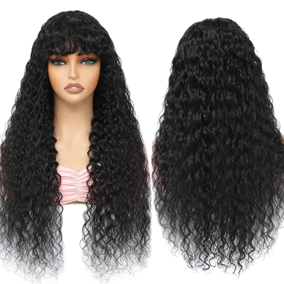 Water Wave Brazilian Human Hair Wig With Bangs Wear And Go Full Machine Made Wigs for Black Women Deep Wave Curly Wigs Glueless