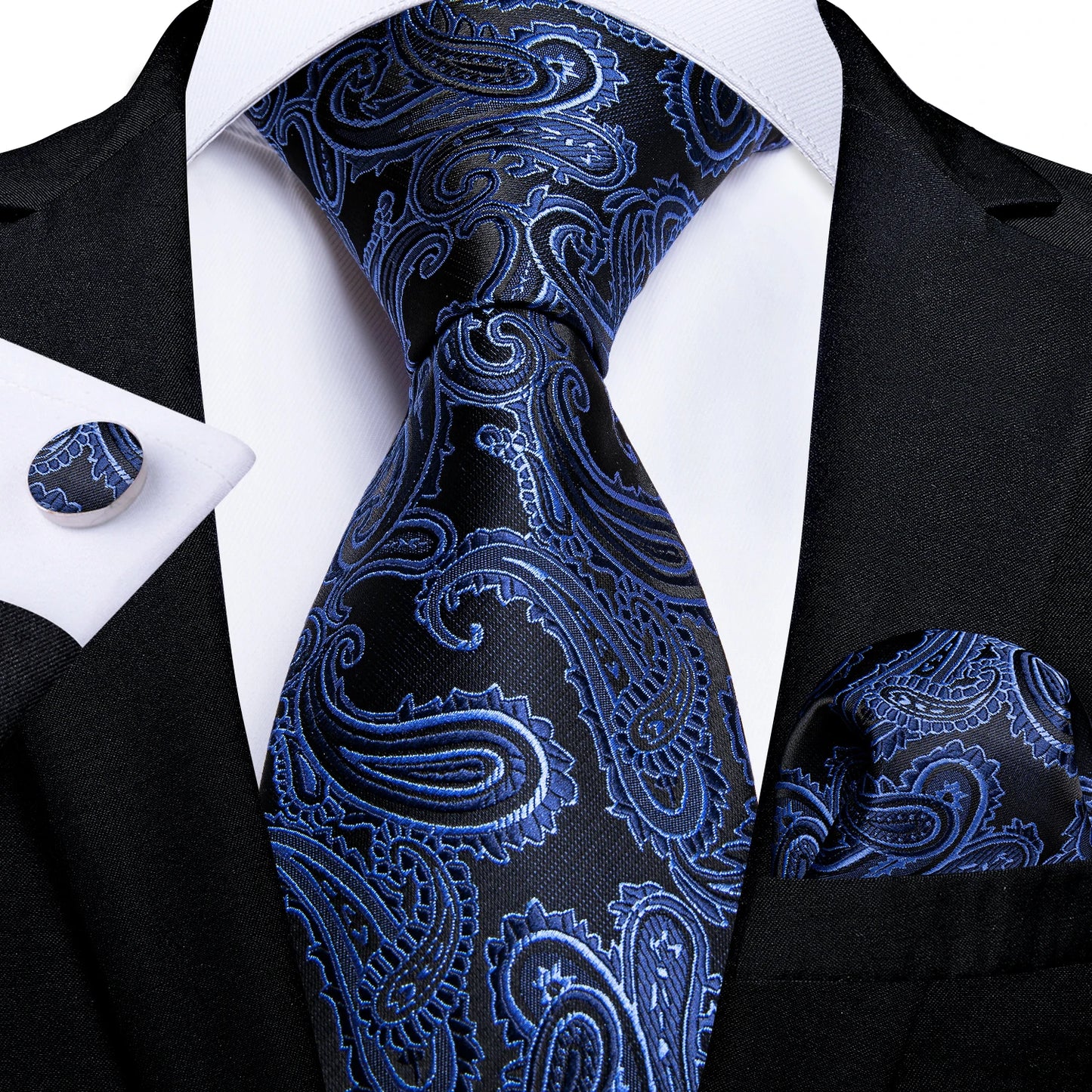 Royal Blue Paisley Plaid Striped Men tie Set with Handkerchief Cufflinks Wedding Prom Groom Accessories Perfect Gift for Men BAZAARHUBO