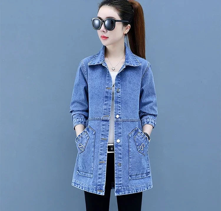 Plain Female Jeans Coats Korean Women's Denim Jackets Long Trench Designer in Promotion 2025 Trend Deals Chic and Elegant New