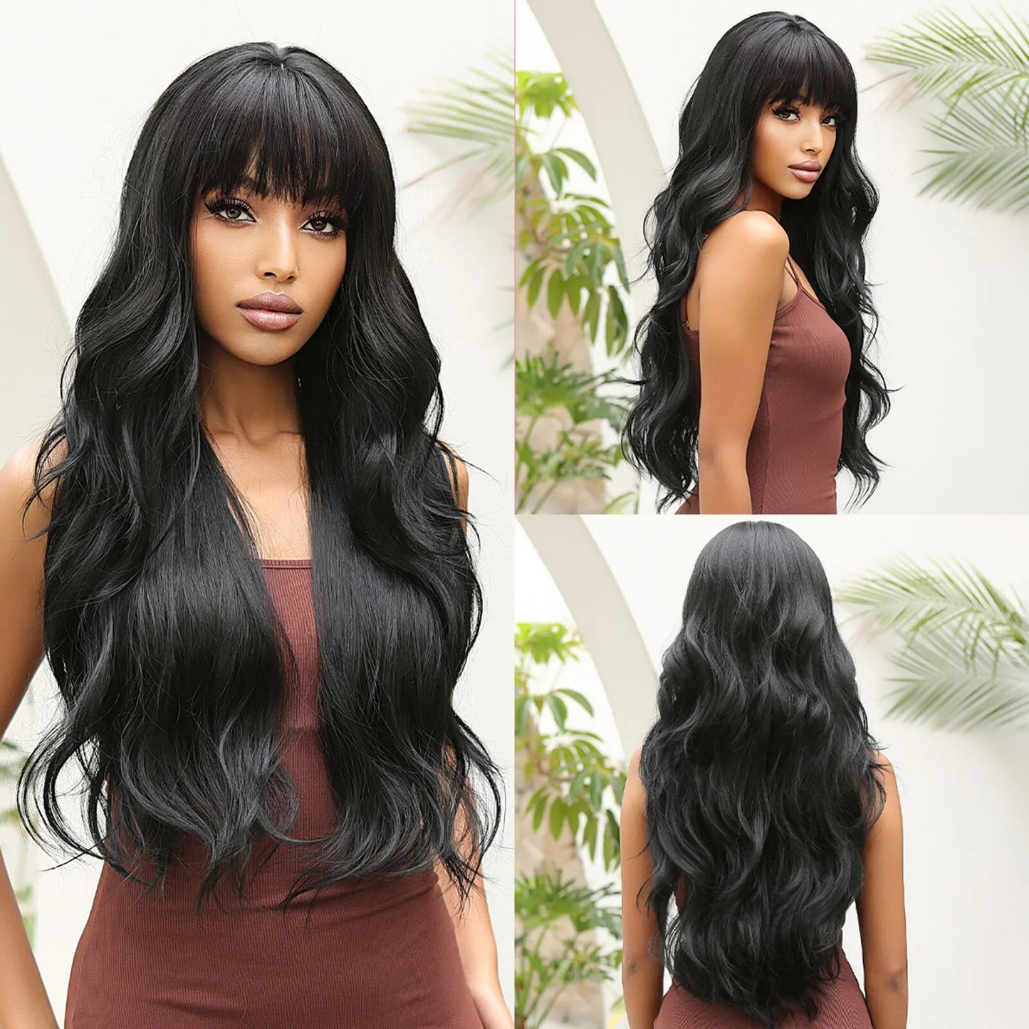 Wine Red Wigs for Women Long Burgundy Wavy Wigs with Bangs Cosplay Party Daily Wig Synthetic Fake Hair High Temperature Wig