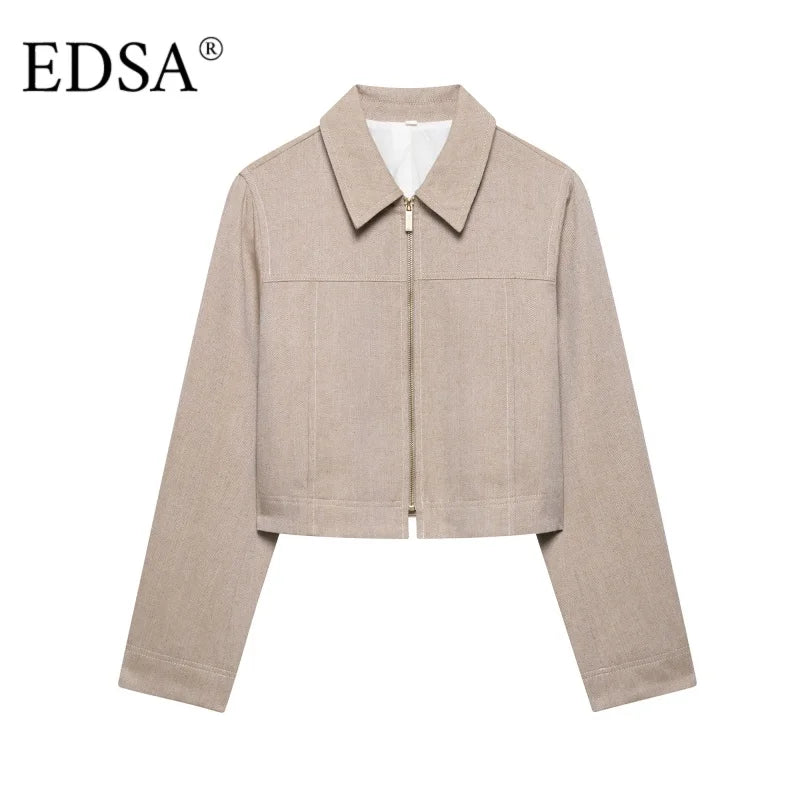 EDSA Women Khaki Herringbone Pants Set Cropped Jacket Long Sleeves Side Zip Low-rise Straight Leg Long Trousers Female Suits