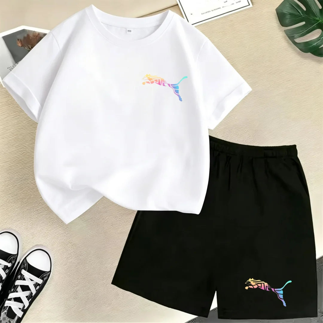 Kids Summer Casual Round Neck T-shirt Colorful Gradation Animals Boy Girl3-12Yrs Short-Sleeved+Shorts Fashion Sports Clothes Set