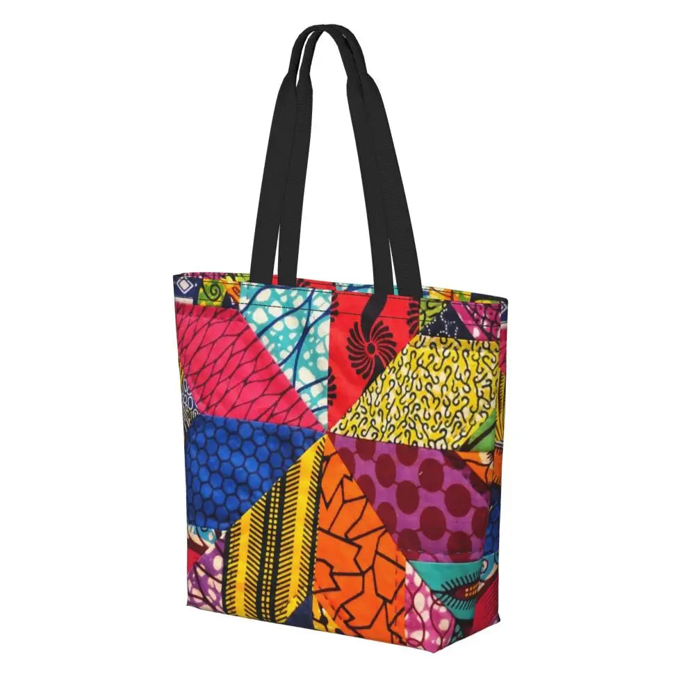 African Ankara Prints Grocery Shopping Tote Bags Women Geometric Ethnic Art Canvas Shoulder Shopper Bags Big Capacity Handbag