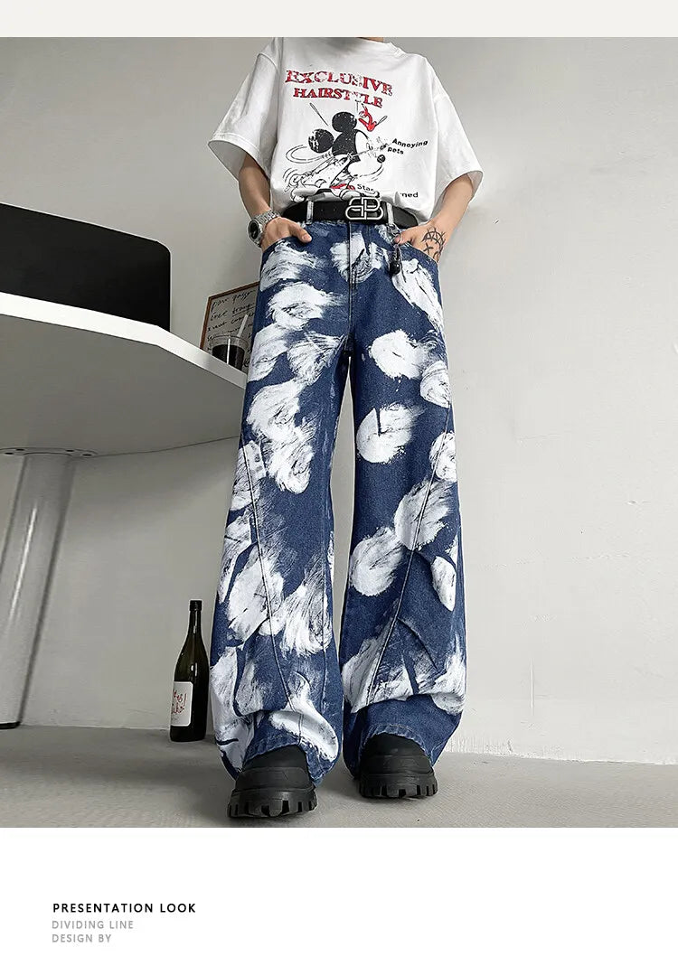 Straight Loose Fit Printed Streetwear Jeans Unisex Urban Fashion Trendy Casual Denim Pants mens Hip Hop Oversized Comfort 2023