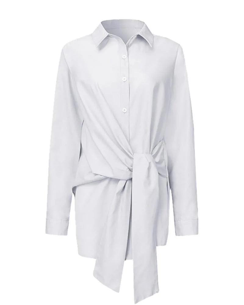 Slim Button White Shirt Women Fashion Tops Office Lady Shirt Loose Long Sleeve Blouse Female Ruched Lace Up Solid Blouse 18659