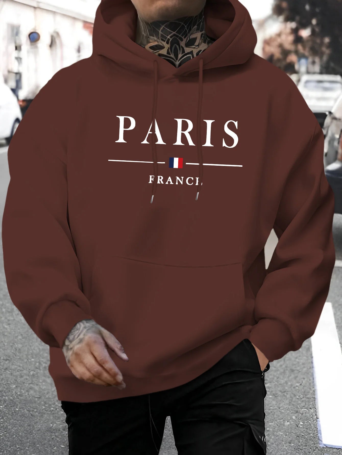Men's autumn and winter casual fashion loose Paris letter pattern printed long sleeved hooded sweatshirt warm pullover BAZAARHUBO