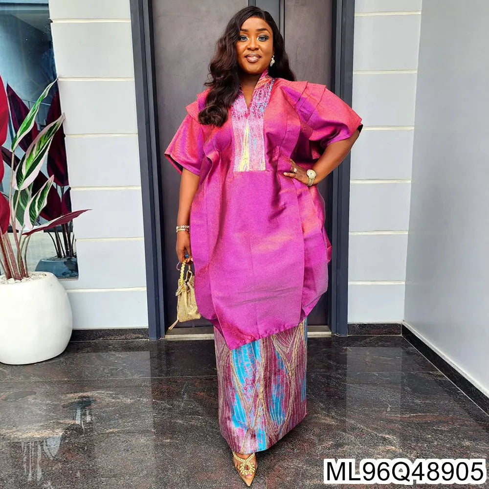 2025 New African Women's Fashion Robe and Skirt Set, Printed Plus-size Two-piece Dress ML96Q48907