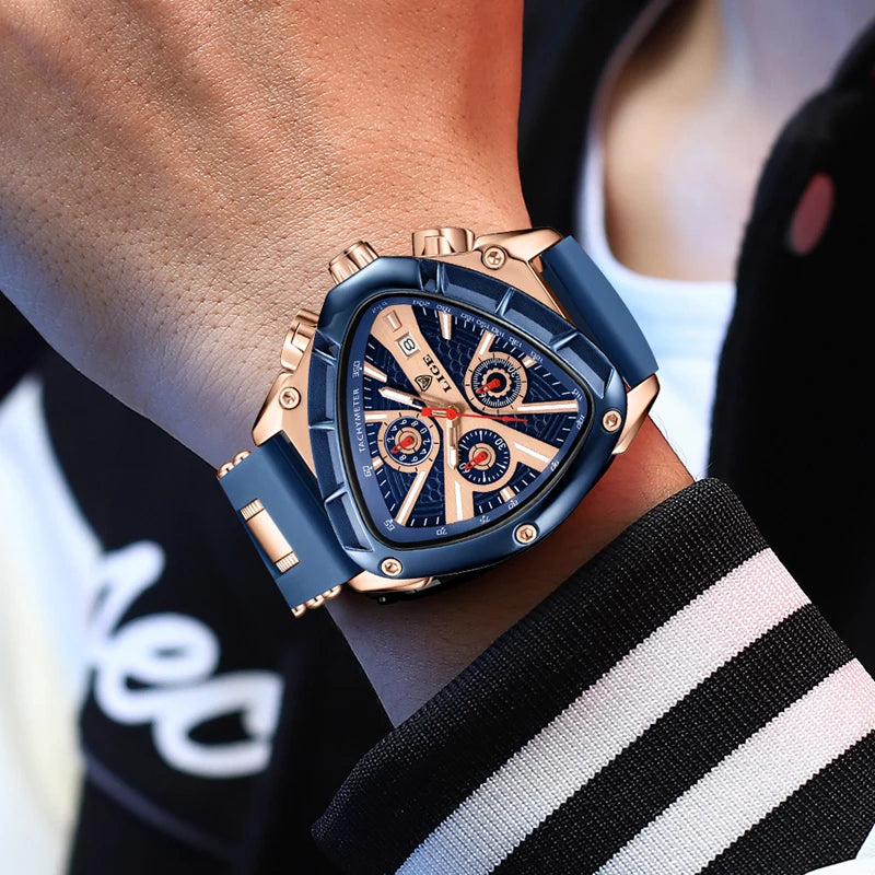 LIGE Sports Triangle Mens Watches Luminous Pointers Fashion Rubber Strap Military Irregular Quartz Wristwatch Waterproof  Watch