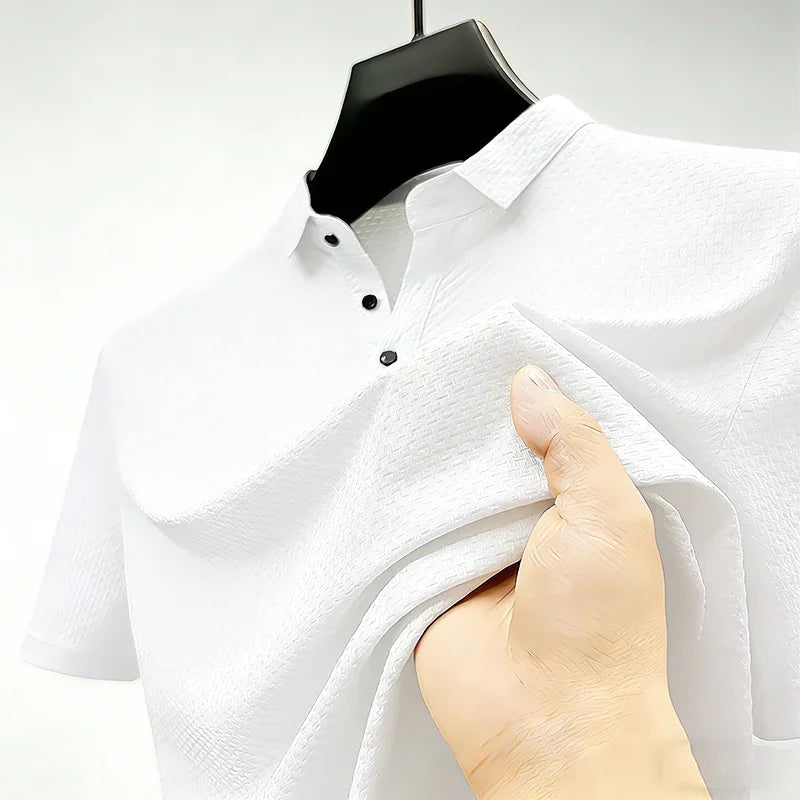 Men's Solid Color Short Sleeve Polo Shirt With Waffle Weave Design Fashionable Turn Down Collar Base Layer Ideal  Hiking Running