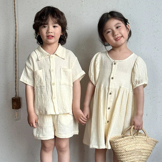 Children's Summer Clothing Set Boys' Short Sleeve Shirt Shorts 2pcs Casual Suit Girls' Solid Color Dress Sister Brother Outfit