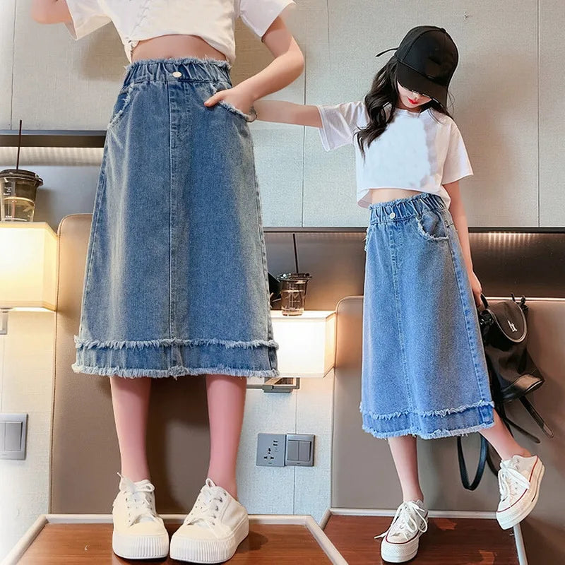School Girls Denim Skirt Spring Summer New 2026 Casual Skirt for Children Fashion Teenage Kids Skirt 9 13 14 Years
