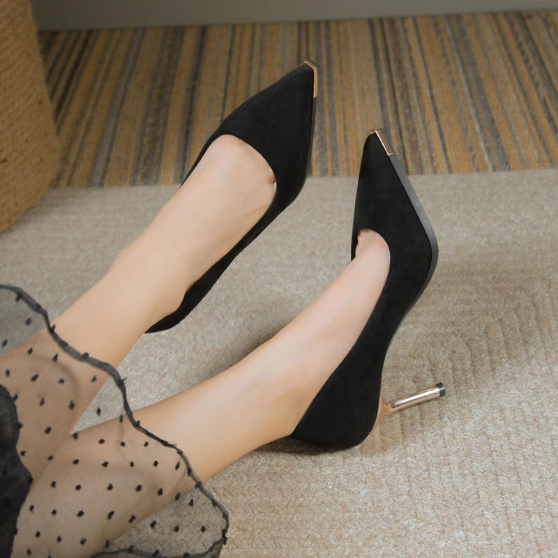 NEW Women's Style Banquet Fashion Light Luxury 6 8cm High Heels Pumps Stiletto Metal Pointed Suede Single Fashion Casual comfort