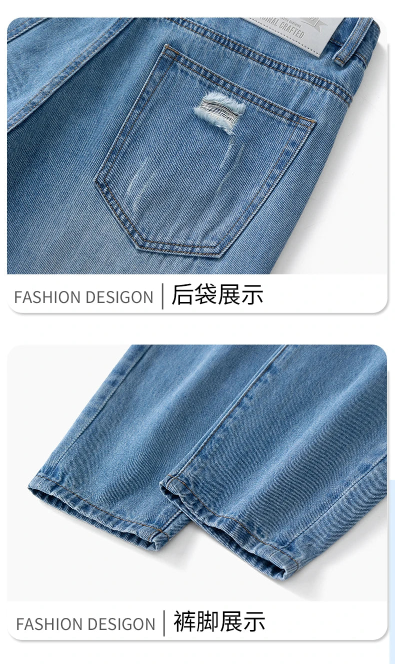 2026 Spring Summer Men's Ripped Jeans Cotton Trendy Straight Casual Denim Pants Trousers Outdoor Pastoral Outing