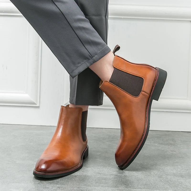2025 Men's Fashion Chelsea Boots Classic Trendy Soft Leather Upper Non-Slip Rubber Sole Daily Casual Resistant Ankle Dress Boots