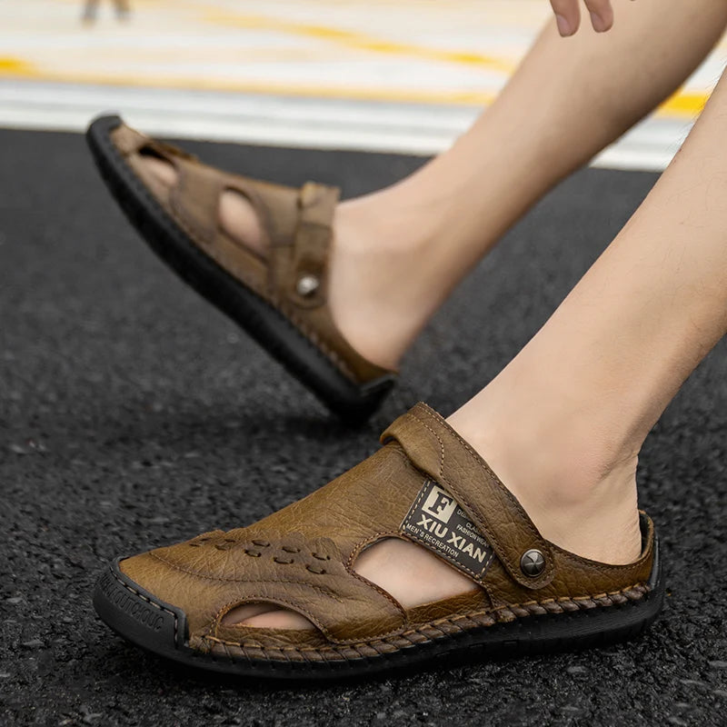 Men Soft Leather Sandals Breathable Comfort Daily Beach Big Size 45 46 Outdoor Slippers Open Toe Non-Slip Casual Summer Footwear