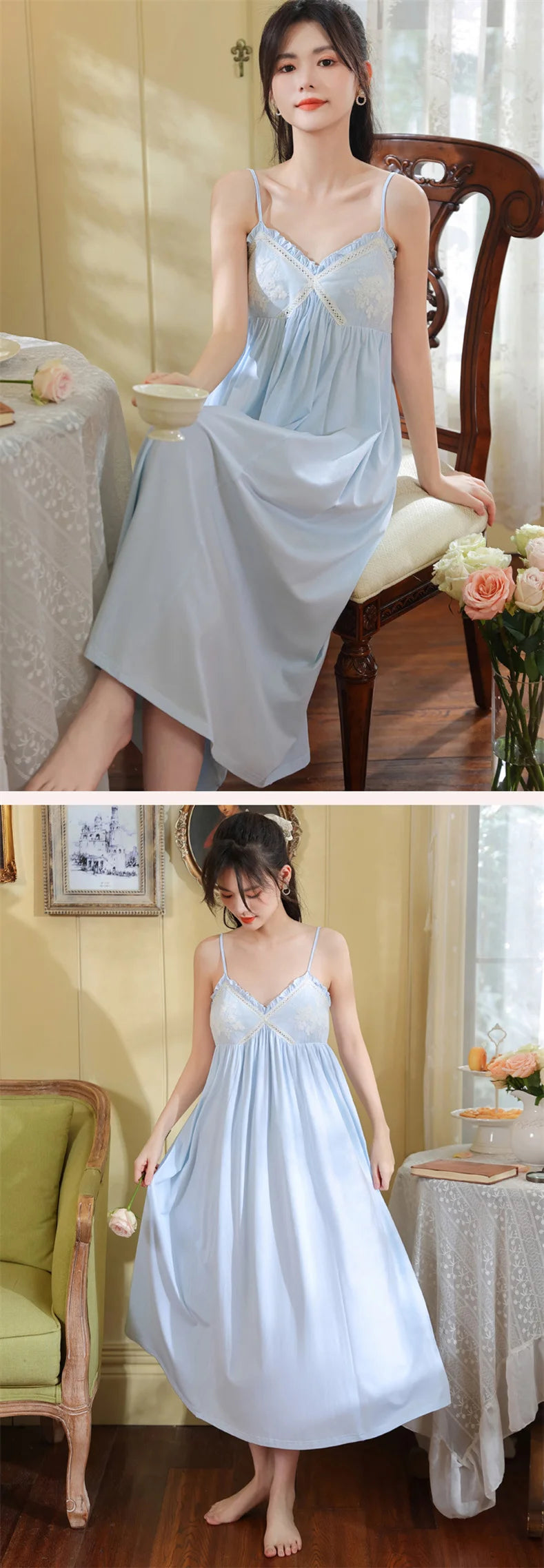 Summer New Sweet Palace Embroidered Lace Knitted Cotton Small Sexy Sling Lace Nightdress Princess Pajamas