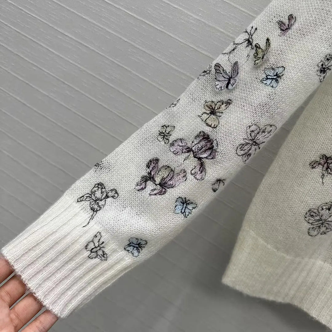 New Spring Fashion 3D Embroidery Butterfly Sweet Thin Sweater Women O-neck Long Sleeve Wool Silk Yarn Knitted Pullover