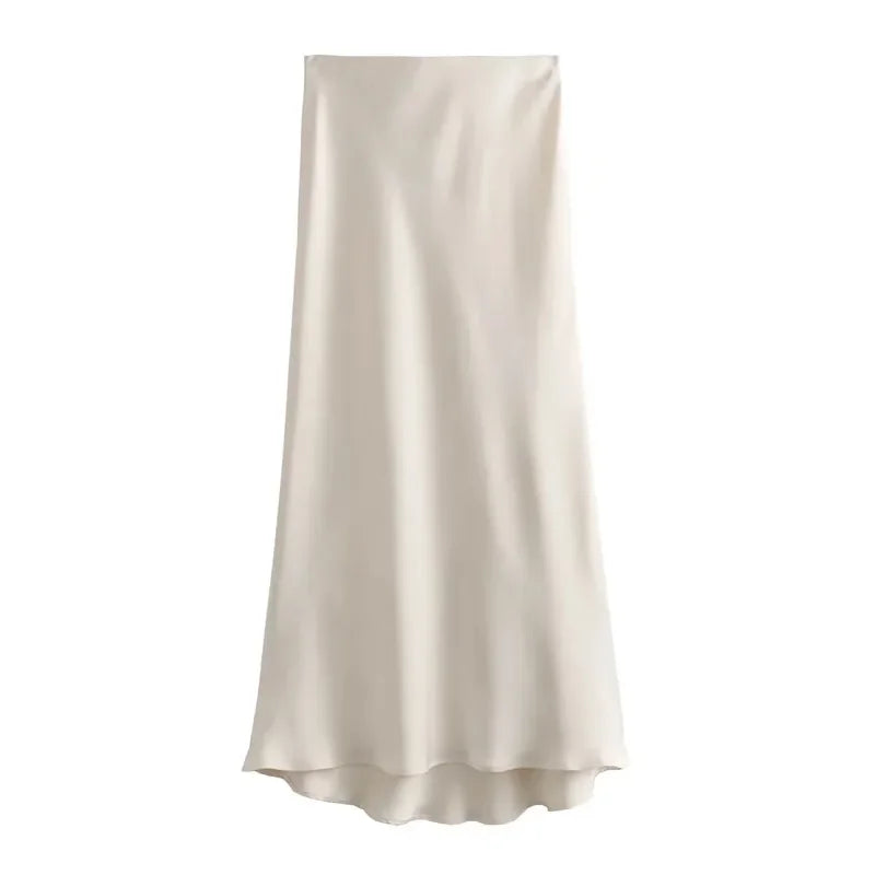 HXAO 2025 Skirts For Women Black Satin Skirt Summer Elegant Women's Midi Skirts High Waist Smooth Skirts Green Flare Skirt 088