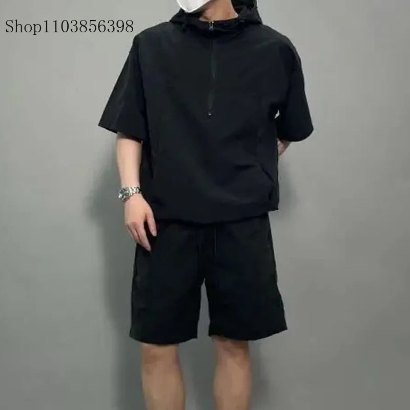 Casual Hooded Suit Mens Summer Workwear Thin Loose Fashion Couple Short Sleeve Waistcoat Shorts 2 Piece Set Male Cargo Tracksuit