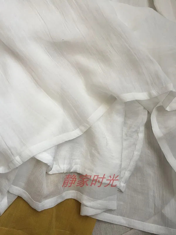 2024 Women Summer Cotton And Linen Pleated Double Layered Robe Casual Loose Half Sleeve Dress Ladies Holiday Clothes X1041