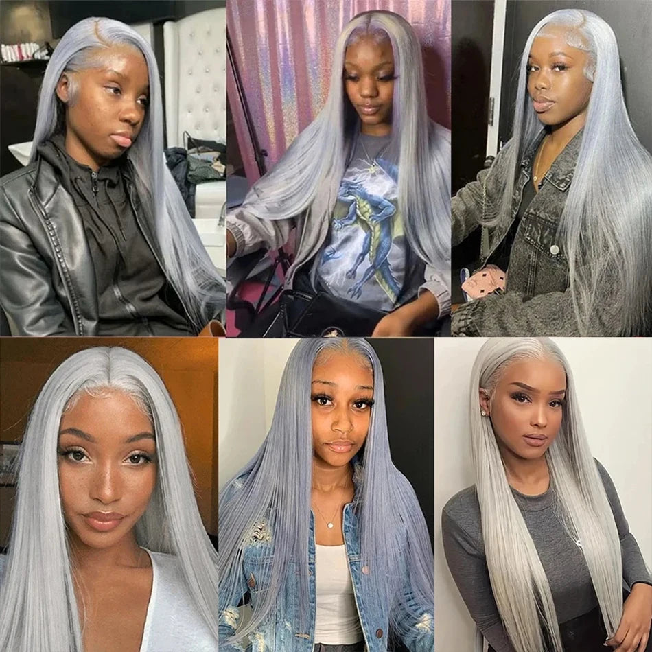 Silver Grey Human Hair Wigs Brazilian 13x4 Straight Lace Front Wigs For Women Grey 613 Colored Hd Transparent Lace Frontal Wig