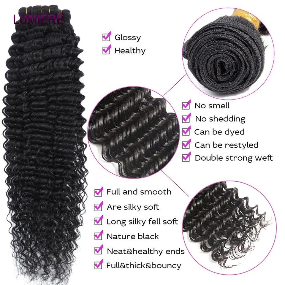 32" Deep Wave 100% Human Hair Bundle With Closure Fontal HD Transparent Curly 3 Bundles Human Hair Weavings And Closure Vietname