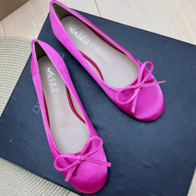 Women Plus Sizes 48 47 33 Dough Shoes With Knot Wide Fitting Round Toe Silk Stain Slip-On Pinkish Gold Blue Footwear Hand-Made