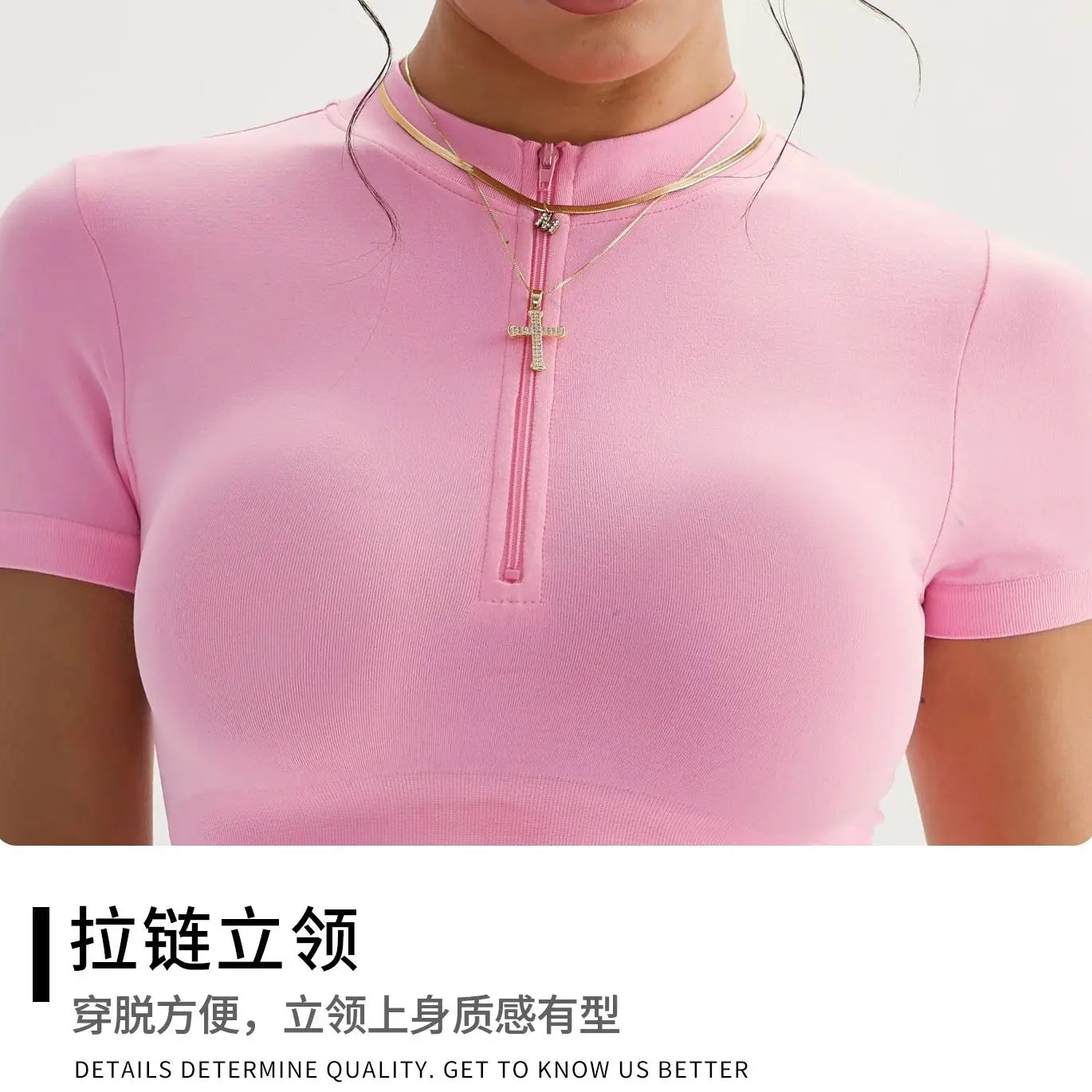 Seamless Yoga Crop Top Women Half Zip Mock Neck Short Sleeve Sports T-shirt Gym Workout Top Slim Fit Fitness Tights Sportswear
