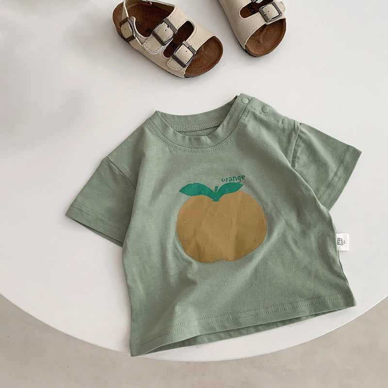 Fashion Baby Fruit Printed Short Sleeve Top Kids Girls Casual Cotton T-shirt Korean Boys' Round Neck Versatile Clothes