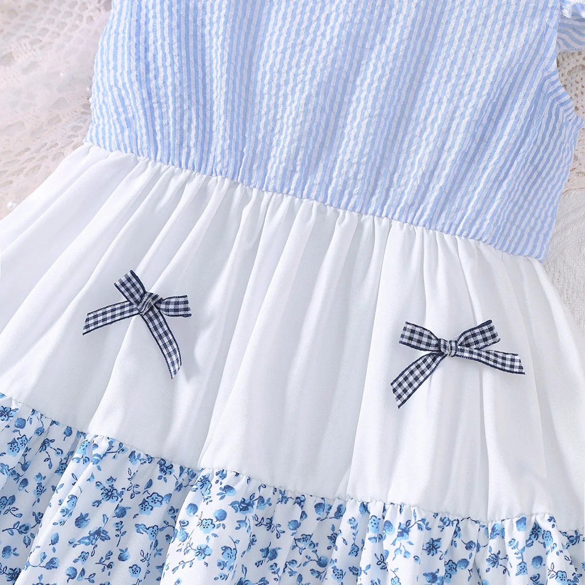 Fashion kids girl Summer Dress Set +Bag Blue White Floral Layered Ruffle Sleeveless Sundress for 2-7Y Casual Children Clothes
