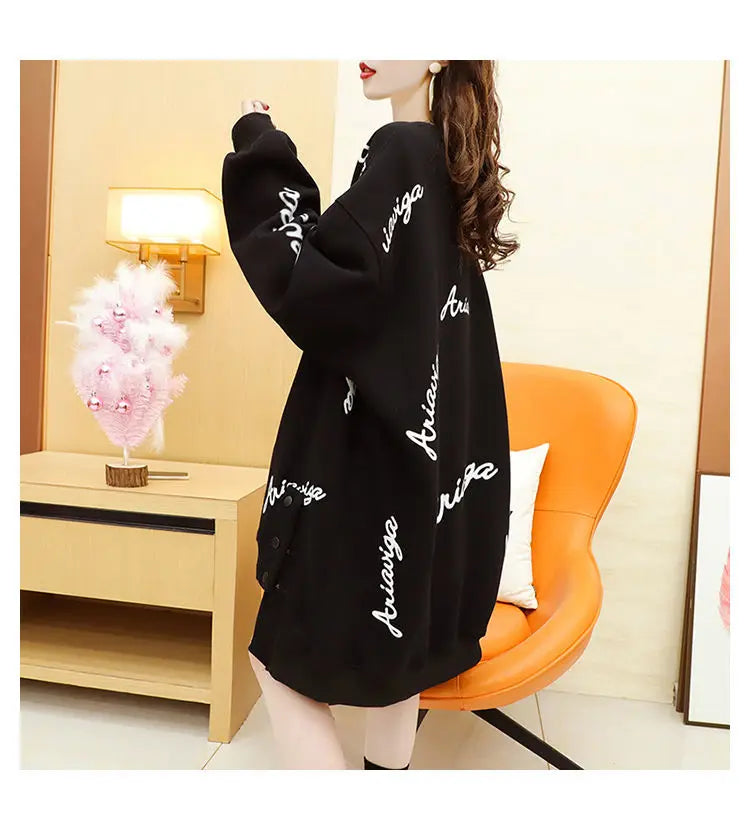 Spring Autumn Y2K Harajuku Printed Sweatshirts Women Round Neck Long Sleeve Mid-length Pullovers Korean Button Asymmetrical Tops