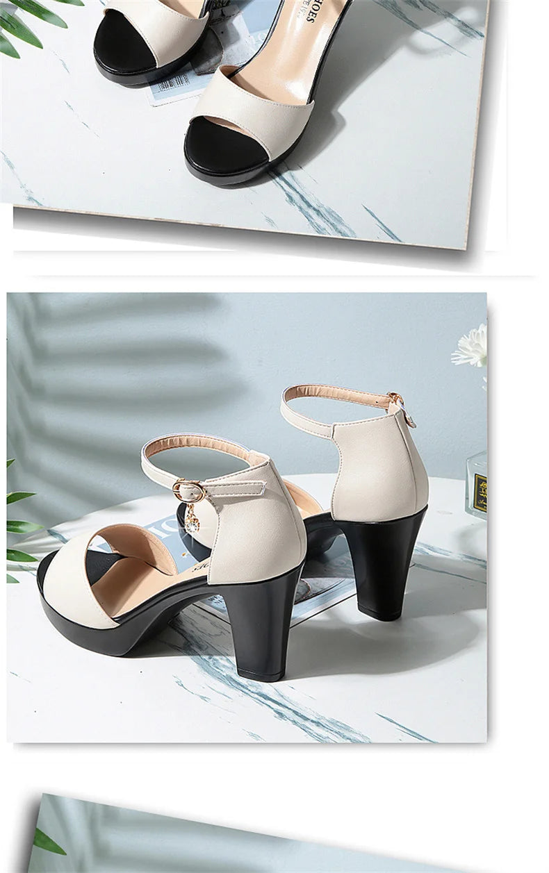 Summer Women Block Heels Fashion Breathable High Heels Sandals Classic Fish Mouth Buckle Versatile Waterproof Platform Sandals