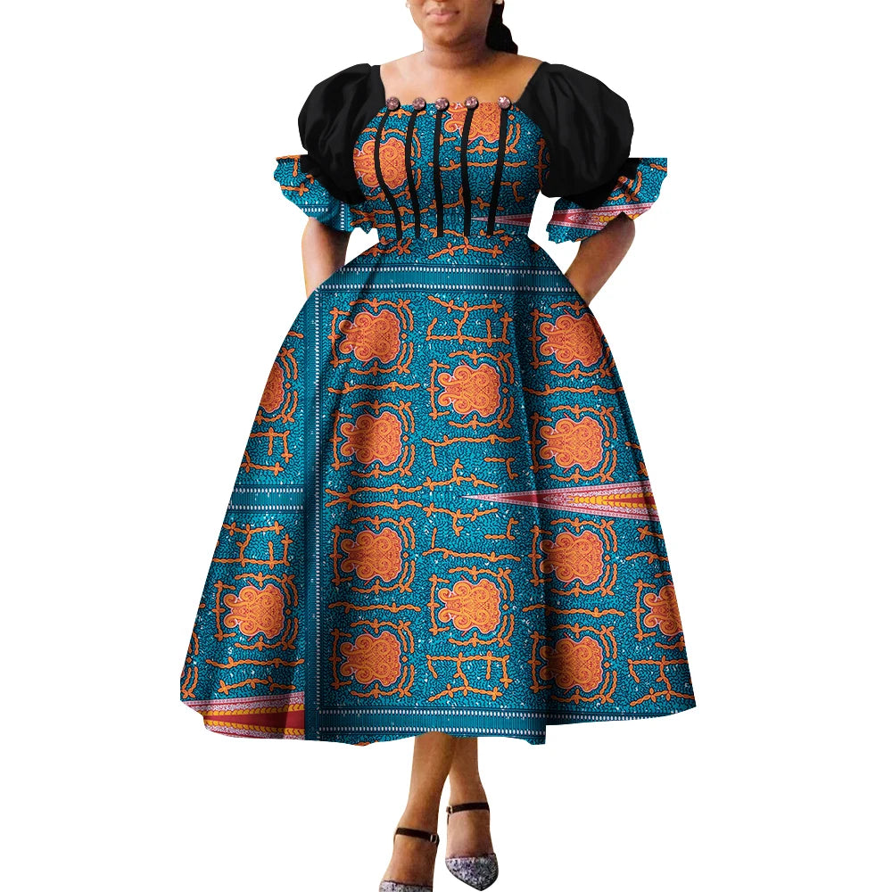 African Style Dresses for Women Puff Sleeve High Waist Gowns Ankara African Dress Princess Dress Robe Africaine Femme WY9970