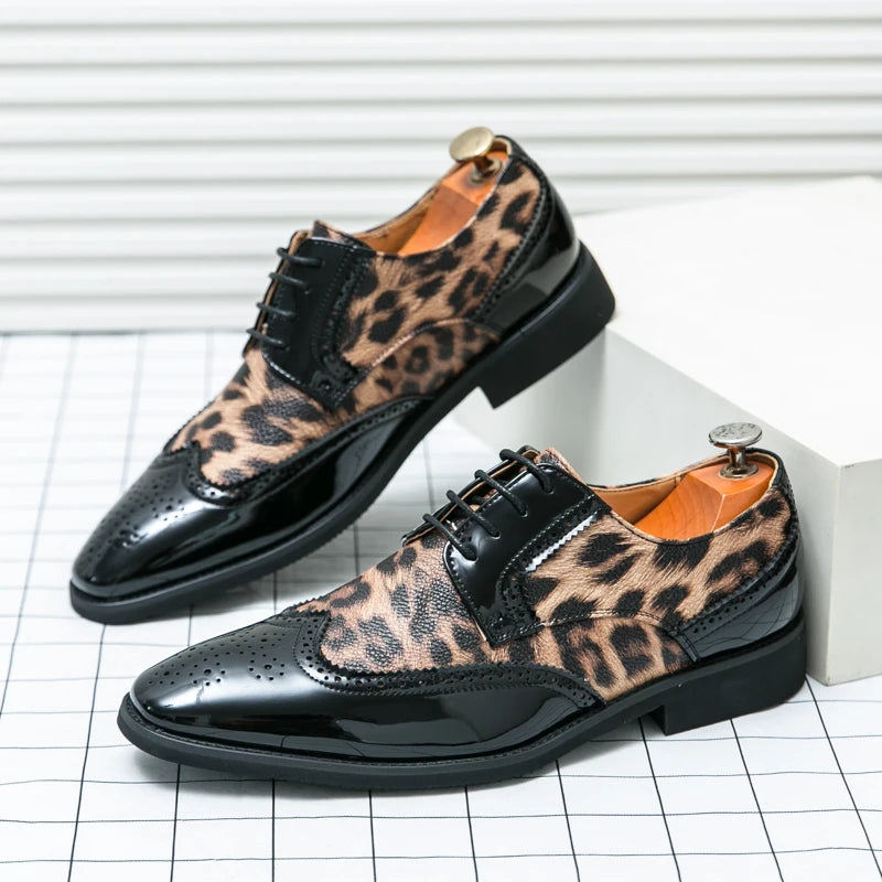 2025 Fashion Leopard Dress Shoes Man Pointed-Toe Lace-up Luxury Man Comfortable Leather Shoes For Men Plus Size 48 Oxford shoes