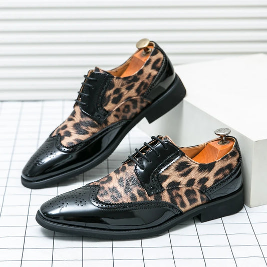2025 Fashion Leopard Dress Shoes Man Pointed-Toe Lace-up Luxury Man Comfortable Leather Shoes For Men Plus Size 48 Oxford shoes