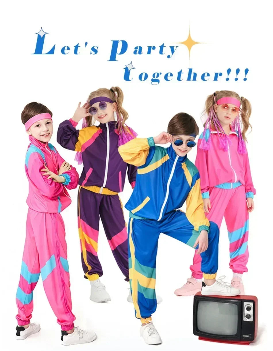 Kids Boys and Girls 80s 90s Sportswear Suit Retro Disco Hip Hop Costume Fashion Patchwork Long Sleeve Zipper Coat Trousers Suit