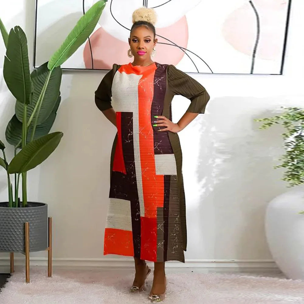 African Dresses for Women Summer Fashion Style African 3/4 Sleeve Polyester O-neck Pleated Dress Dashiki African Clothes Women