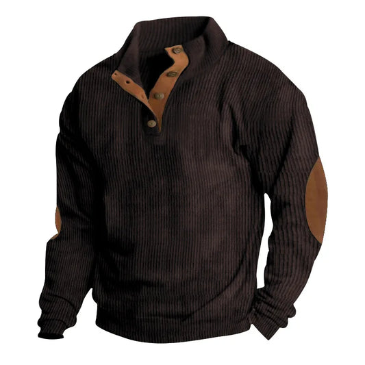 Autumn winter Men loose pure color Stand Collar Long Sleeve Patchwork Sunken Stripe Corduroy tops Men button Sweatshirt casual