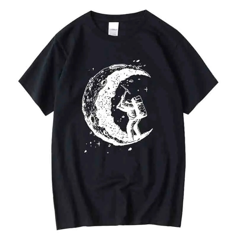 Men's High Quality 100% Cotton Moon Print Casual Summer Cool Short Sleeve Men Tshirt Loose t-shirt Male Tee Shirts Male Tee Tops