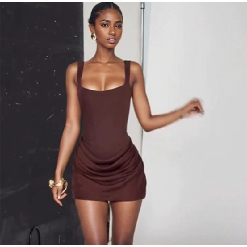 Chic Brown Pleated Hem Mini Dress Women's Elegant U-neck Sleeveless Back Bandage Slim Vestidos 2026 New Summer Lady Party Gown
