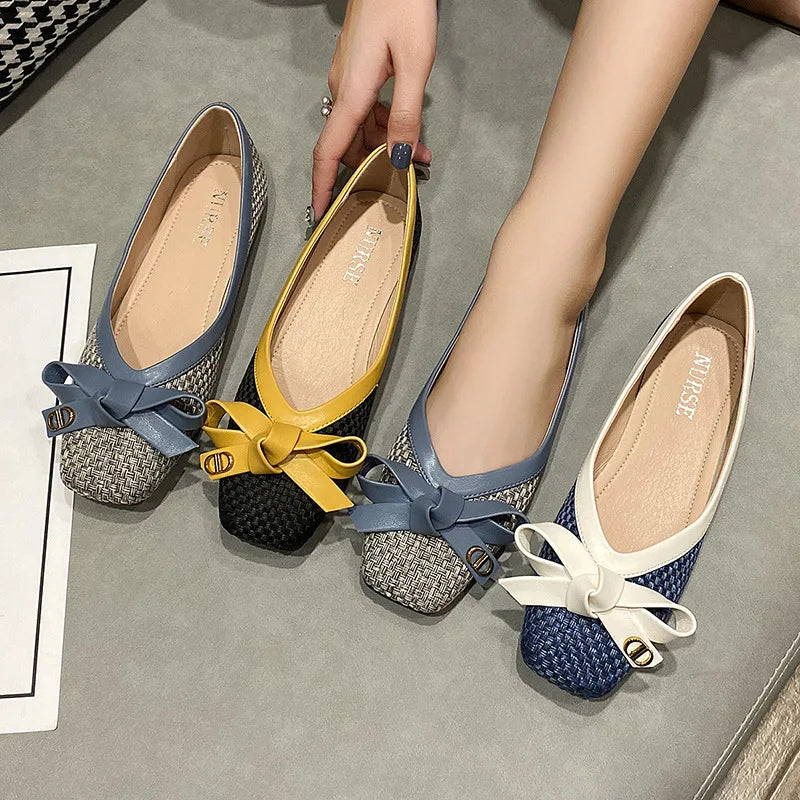 Women's Shoes 2025 New Woven Bow Square Toe Women's Ballet Flats Female Soft Sole Large Fashion Women's Shoes Chaussure Femme